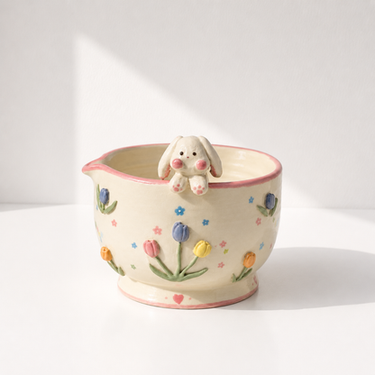 Cute 3D Bunny & Tulip Ceramic Matcha Bowl and Whisk Holder Set • HX04