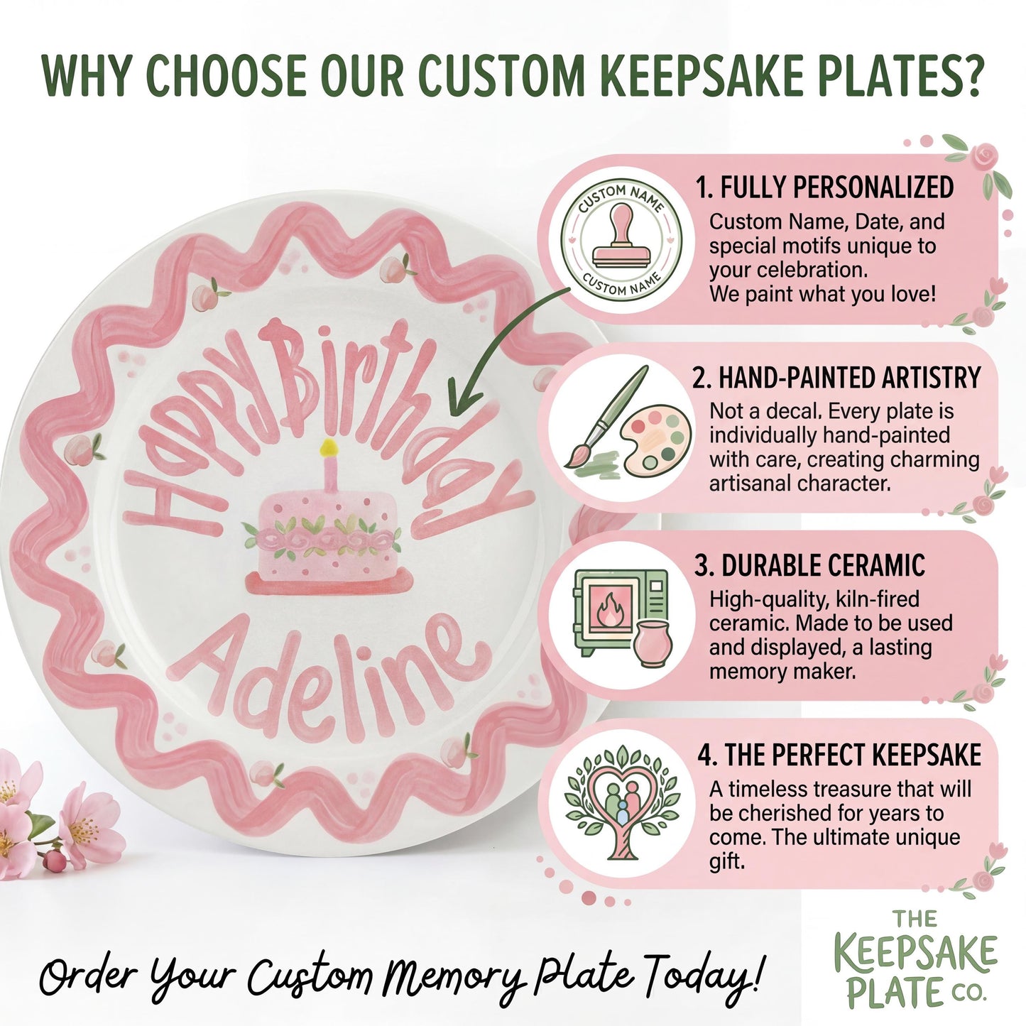 Personalized Birthday Plate – Pink Scallop Border & Cake Design | B062