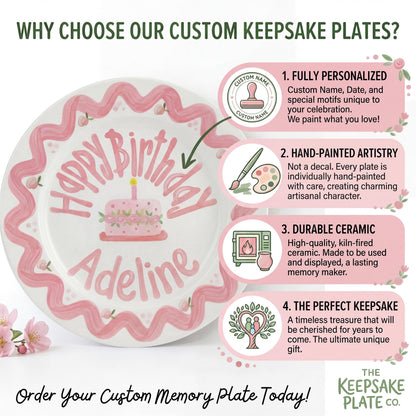 Personalized Birthday Plate – Pink Scallop Border & Cake Design | B062