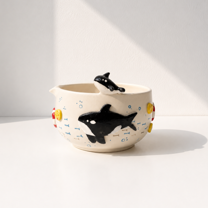 Playful Orca Ocean 3D Handcrafted Ceramic Matcha Bowl and Whisk Holder Set • HX12