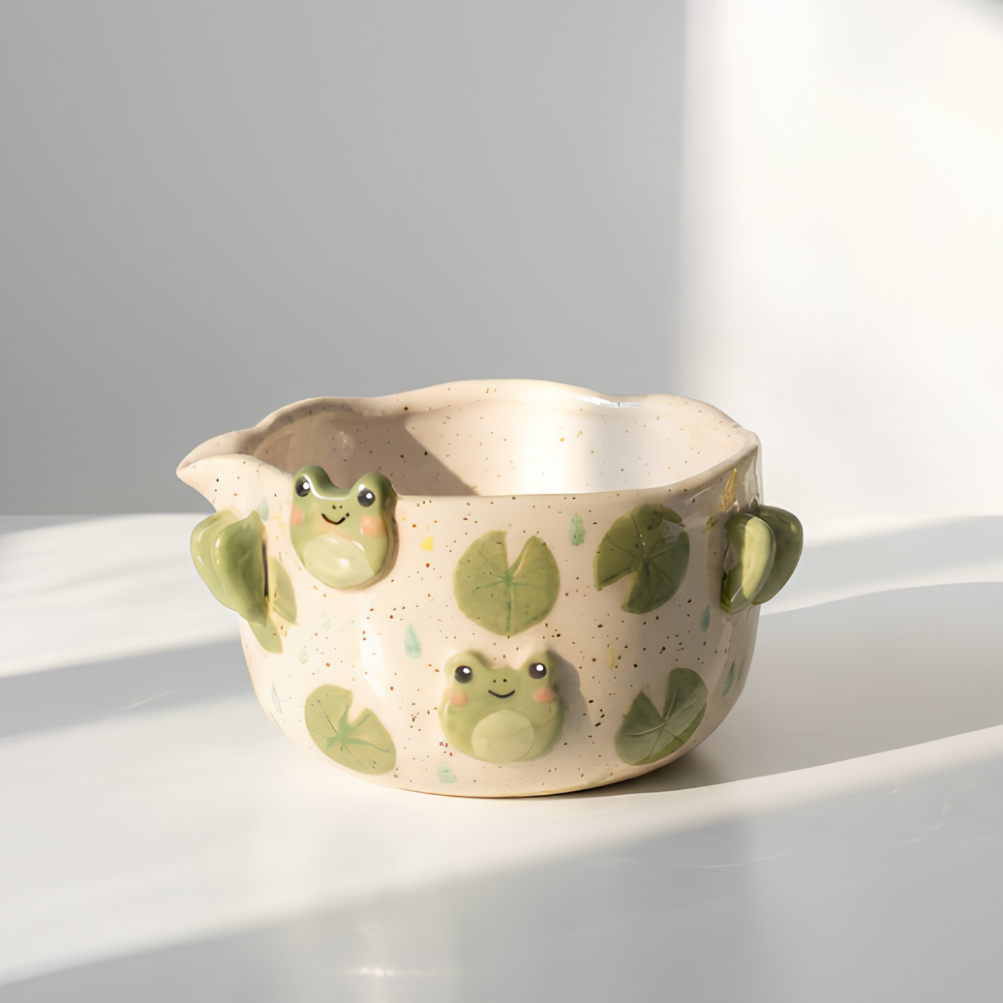 Handmade Cute Frog Ceramic Matcha Bowl Set | Kawaii Lily Pad Spouted Chawan & Whisk Holder • HX55