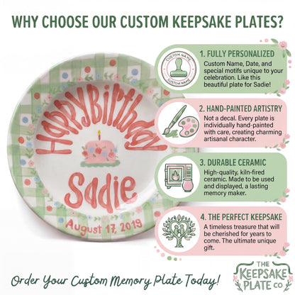 Personalized Birthday Plate – Green Gingham, Flowers & Pink Cake Design | B066