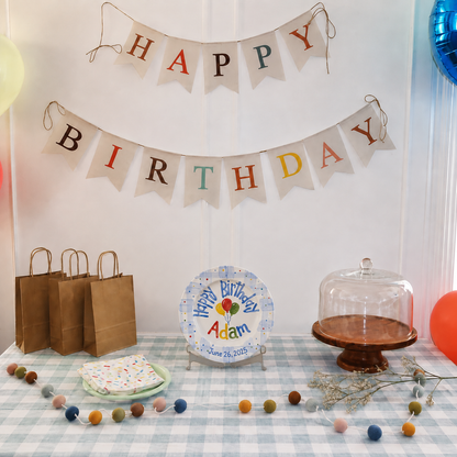 Custom Hand Painted Ceramic Birthday Plate, Blue Gingham Balloon Dish, Personalized Birthday Plate Date, First Birthday Gift Boy | B090