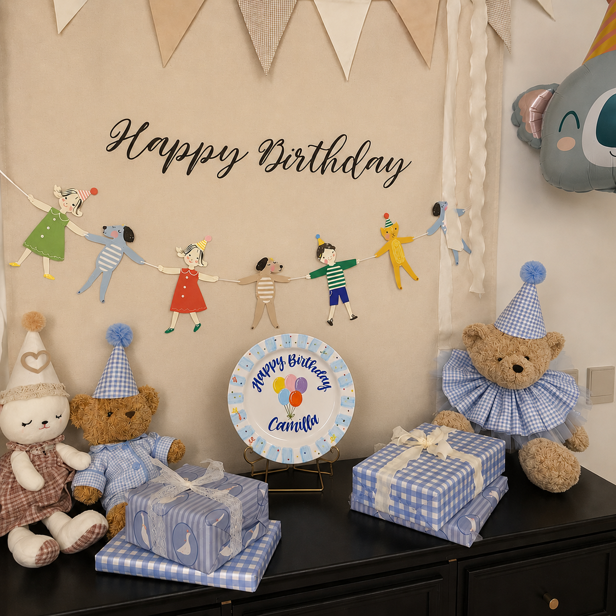Personalized Blue Birthday Plate, Custom Ceramic Birthday Dish, Light Blue Striped Balloon Plate, Kids Birthday Tradition Heirloom Keepsake | B007