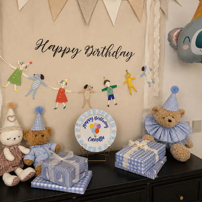 Personalized Blue Birthday Plate, Custom Ceramic Birthday Dish, Light Blue Striped Balloon Plate, Kids Birthday Tradition Heirloom Keepsake | B007