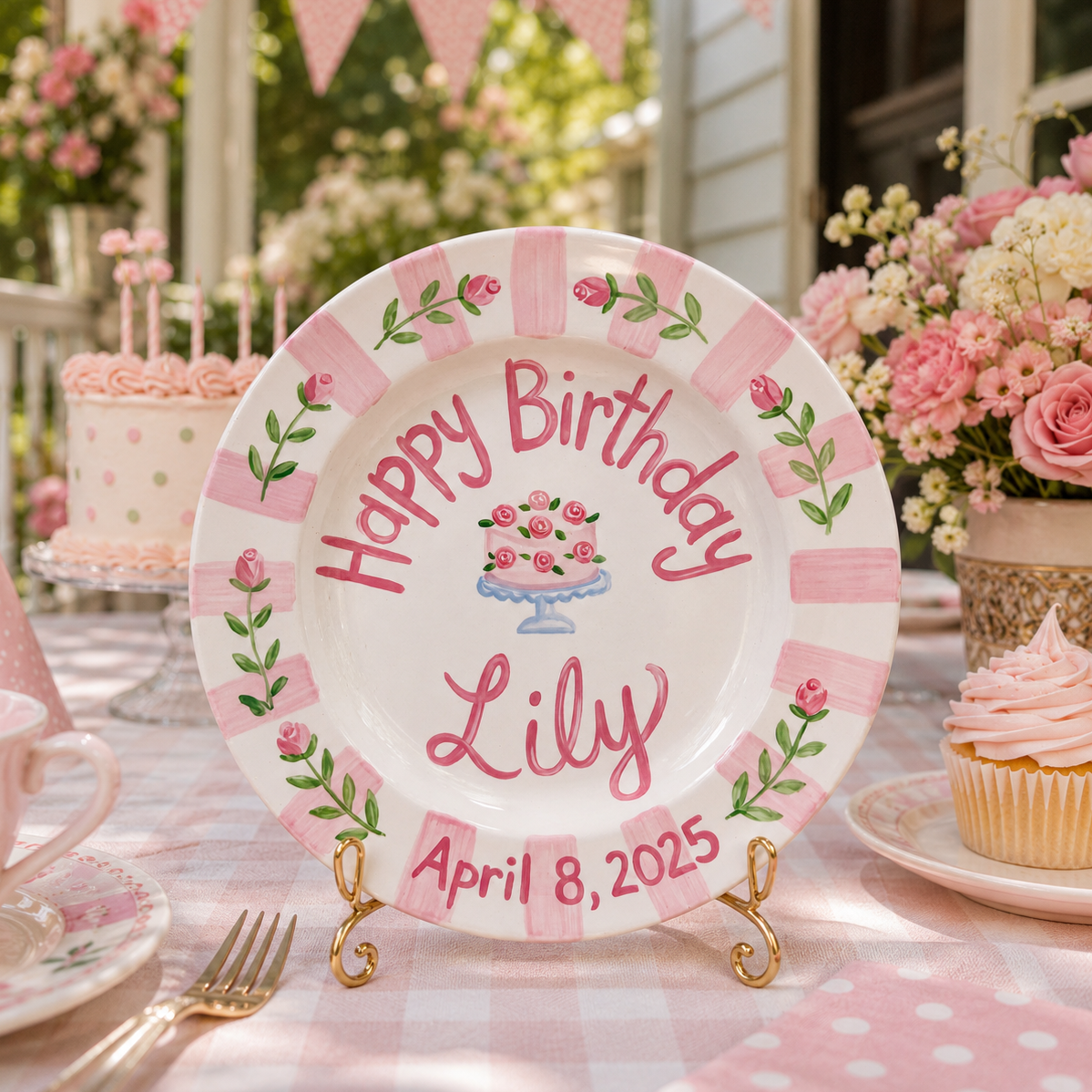 Custom Hand Painted Ceramic Birthday Plate, Pink Striped Rose Dish, Personalized Birthday Plate Date, First Birthday Gift Girl | B014