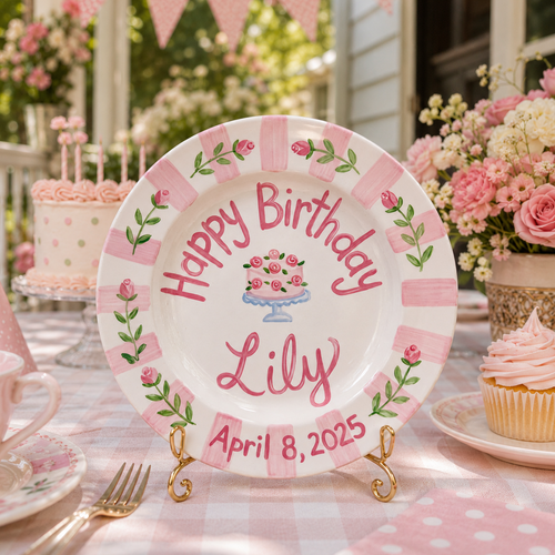 Custom Hand Painted Ceramic Birthday Plate, Pink Striped Rose Dish, Personalized Birthday Plate Date, First Birthday Gift Girl | B014
