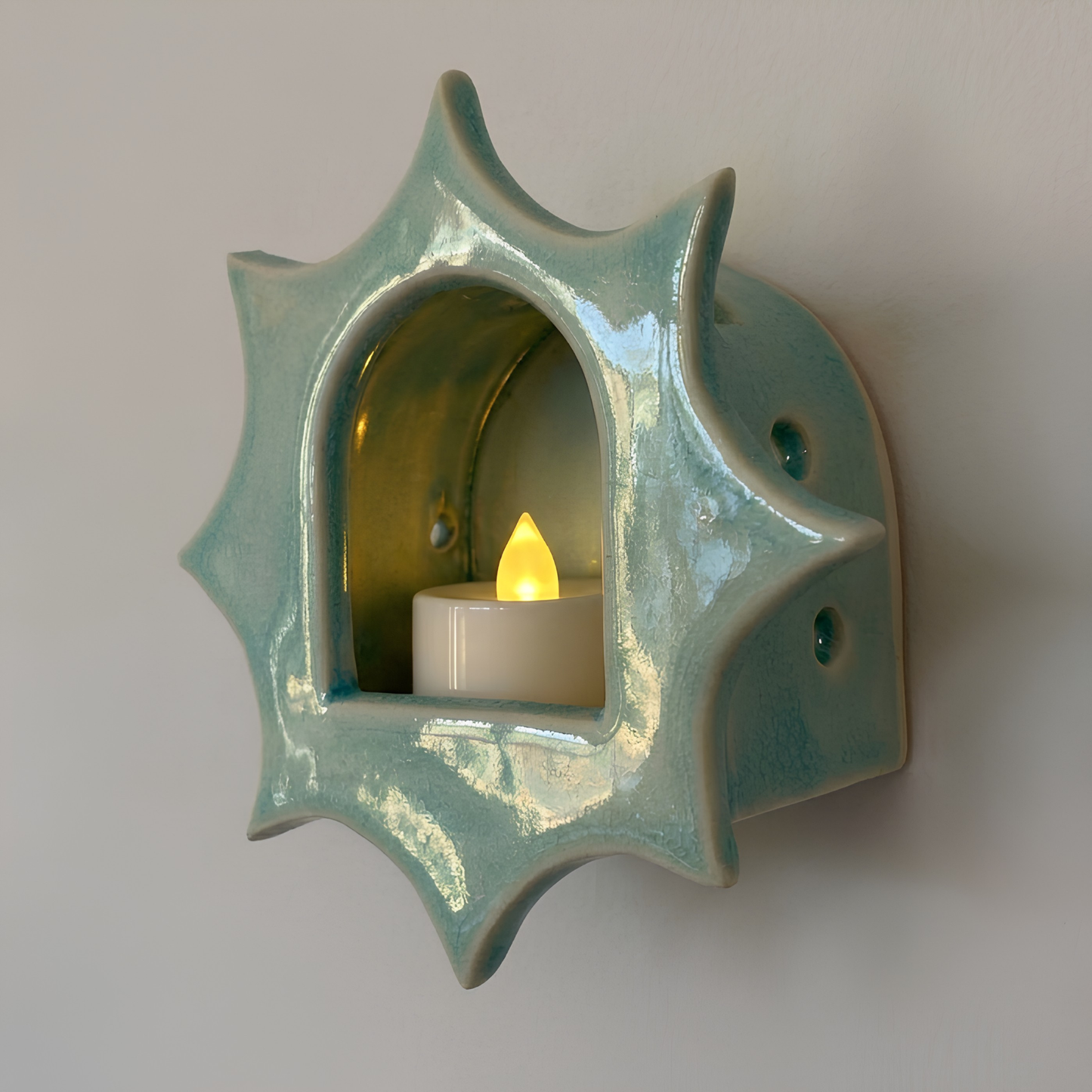 Mint Green Glossy Glaze Candle Holder – Celestial Boho Decor| LA112