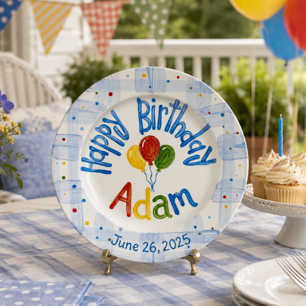 Custom Hand Painted Ceramic Birthday Plate, Blue Gingham Balloon Dish, Personalized Birthday Plate Date, First Birthday Gift Boy | B090