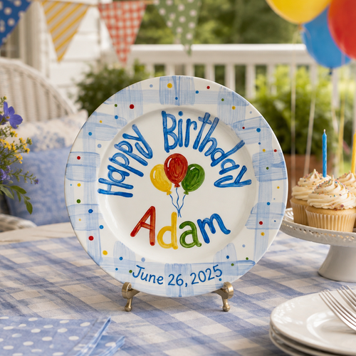 Custom Hand Painted Ceramic Birthday Plate, Blue Gingham Balloon Dish, Personalized Birthday Plate Date, First Birthday Gift Boy | B090