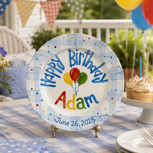 Custom Hand Painted Ceramic Birthday Plate, Blue Gingham Balloon Dish, Personalized Birthday Plate Date, First Birthday Gift Boy | B090