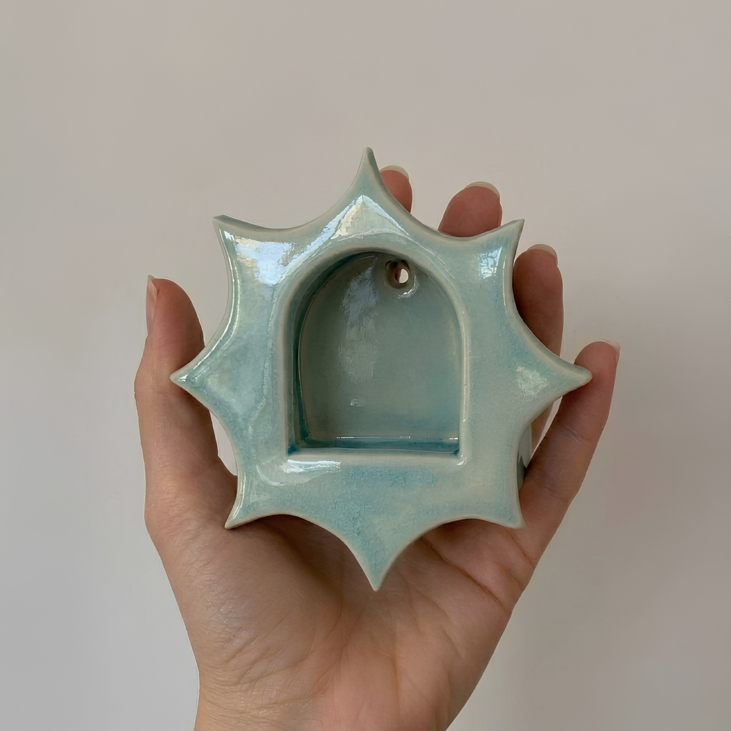 Mint Green Glossy Glaze Candle Holder – Celestial Boho Decor| LA112