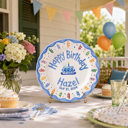 Personalized Birthday Plate Girl, Custom Blue Scallop Dish, Hand Painted Ceramic Cake Plate, Heirloom Birthday Tradition Gift | B093