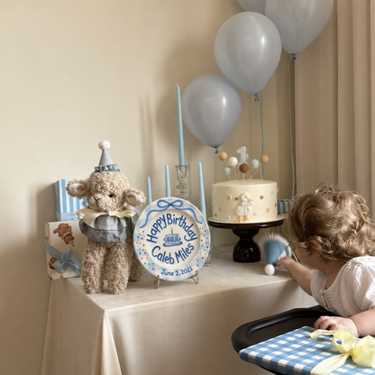 Personalized Blue Birthday Plate, Custom Ceramic Birthday Dish, Blue Gingham Ribbon Bow Plate, Boys Birthday Tradition Heirloom Keepsake | B094