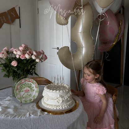 Sage Gingham Edge Birthday Plate, Hand-Painted Pink Ribbon & Cake Design, Custom Name Ceramic Plate | B036