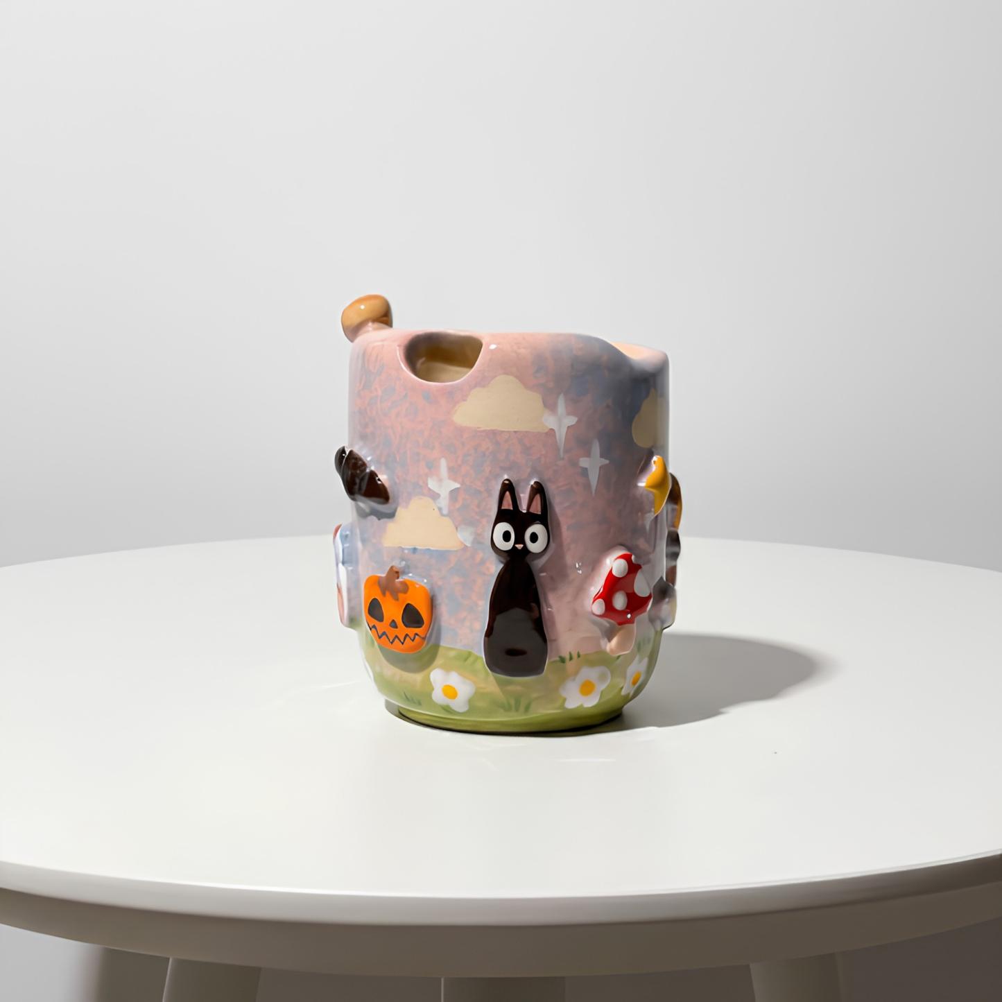 Studio Ghibli Jiji the Black Cat & Mushroom 3D Handcrafted Ceramic Matcha Bowl and Whisk Holder Set • HX19
