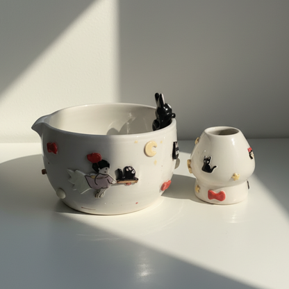 Kiki's Delivery Service Jiji & Moon 3D Handcrafted Ceramic Matcha Bowl and Whisk Holder Set • HX16