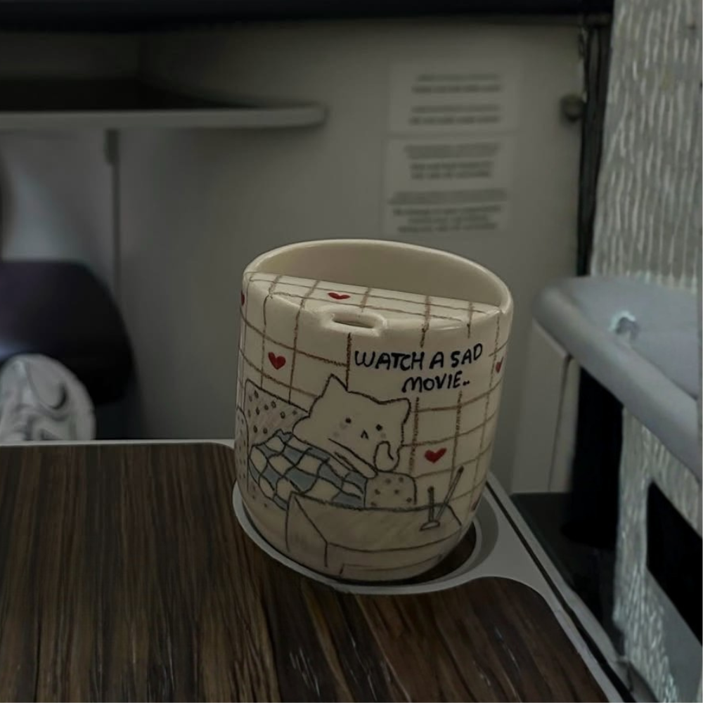 Handcrafted Ceramic Travel Mug with Built-in Lid, "Watch a Sad Movie" Cute Crying Cat Commuter Cup • HX23