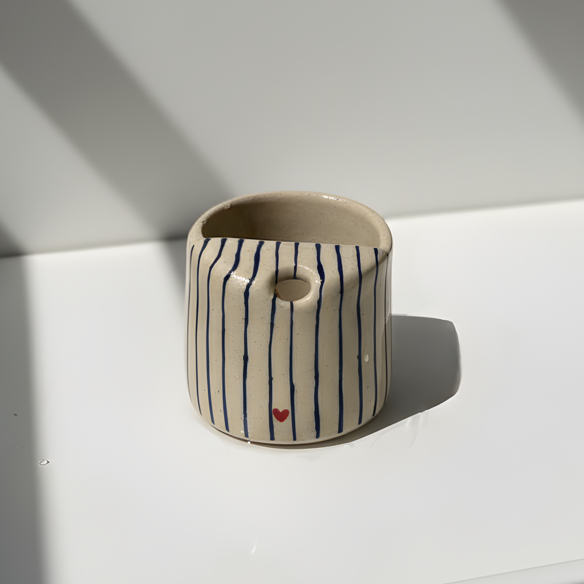 Handcrafted Ceramic Travel Mug with Blue Stripes and Red Heart – Minimalist Reusable Ceramic Coffee Cup & Tumbler • HX03