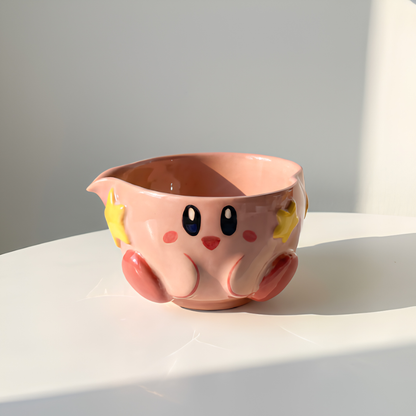 Kawaii Kirby 3D Handcrafted Ceramic Matcha Bowl and Warp Star Whisk Holder Set • HX14