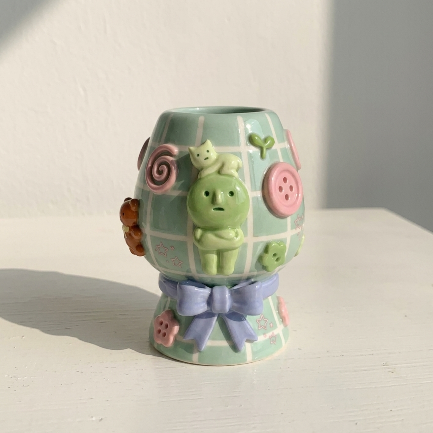 Cute Smiski 3D Pastel Ceramic Matcha Bowl and Whisk Holder Set – Handcrafted Matchawanwl • HX02