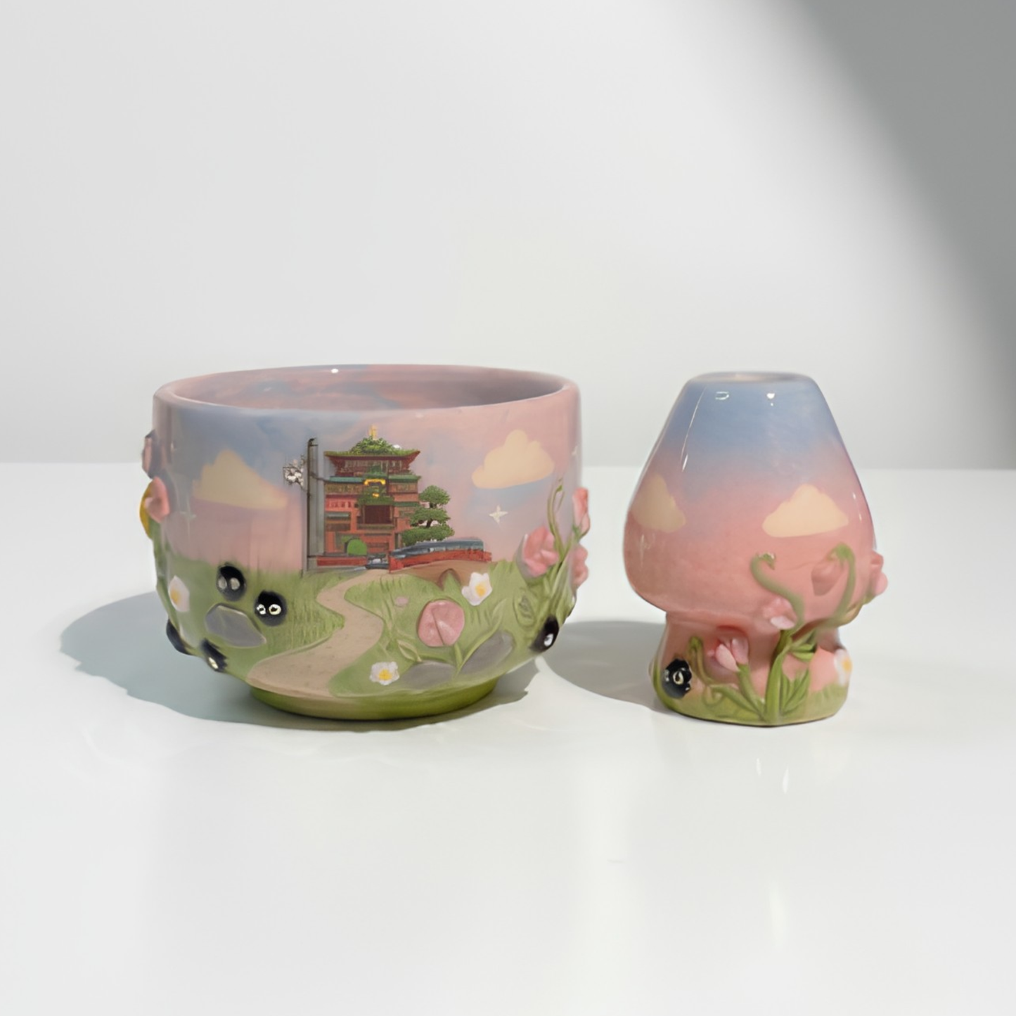 Spirited Away Chihiro & Haku 3D Handcrafted Ceramic Matcha Bowl and Whisk Holder Set • HX23