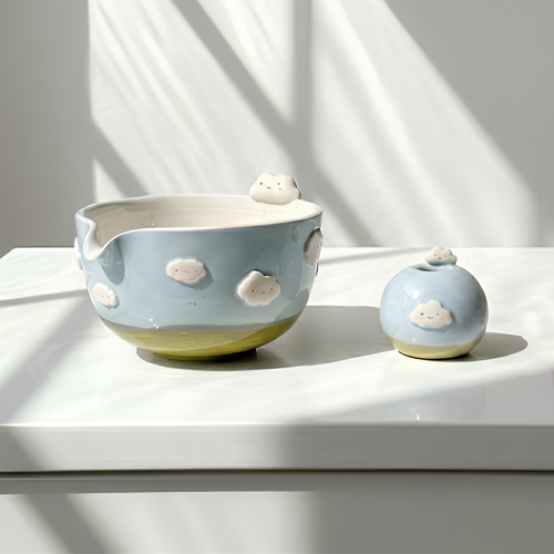 Dreamy Blue Sky & White Cloud 3D Handcrafted Ceramic Matcha Bowl and Whisk Holder Set • HX21