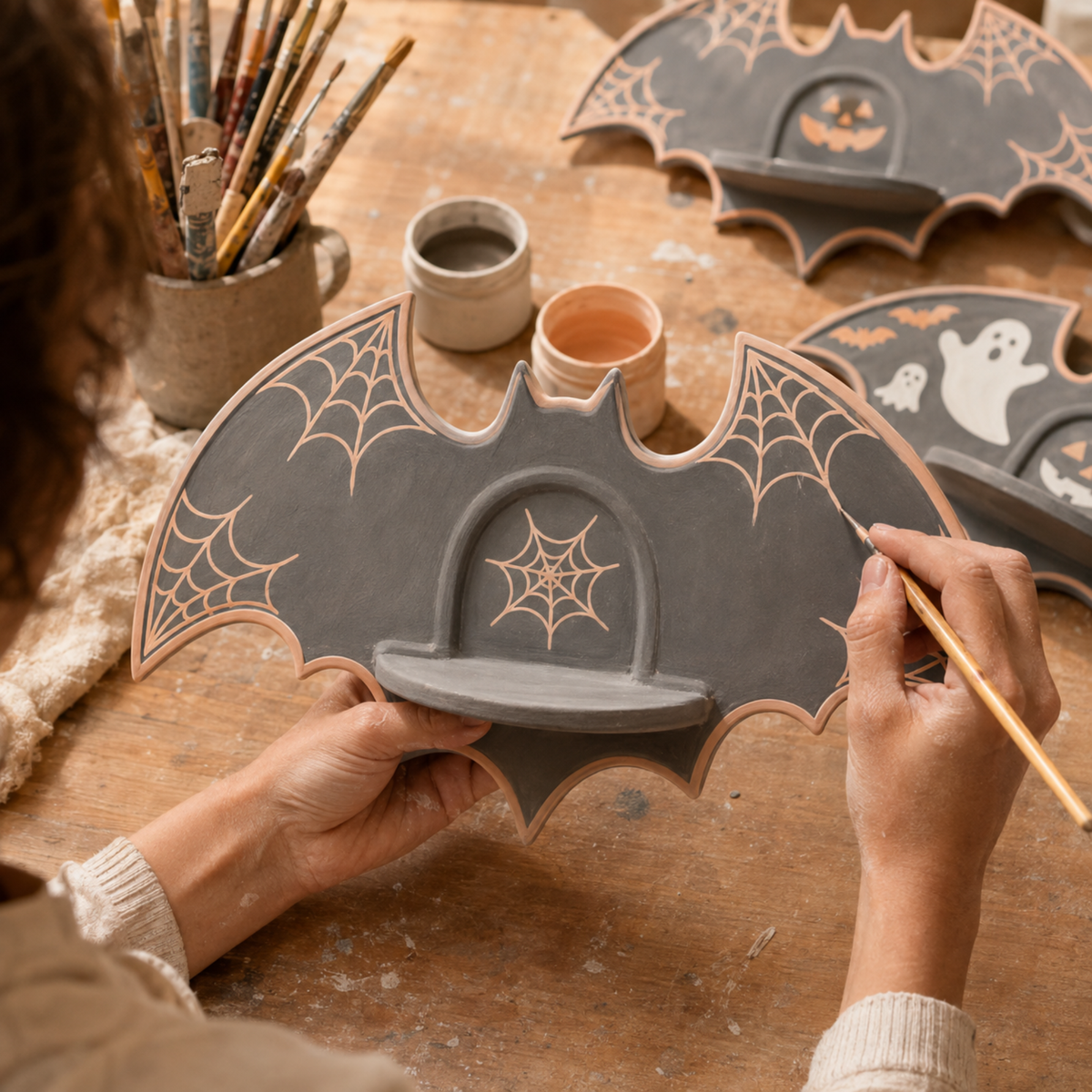 Handmade Ceramic Halloween Ghost Wall Sconce Candle Holder, Vintage Spooky Black Bat Tealight Holder Wall Hanging, Halloween Decor • HX61