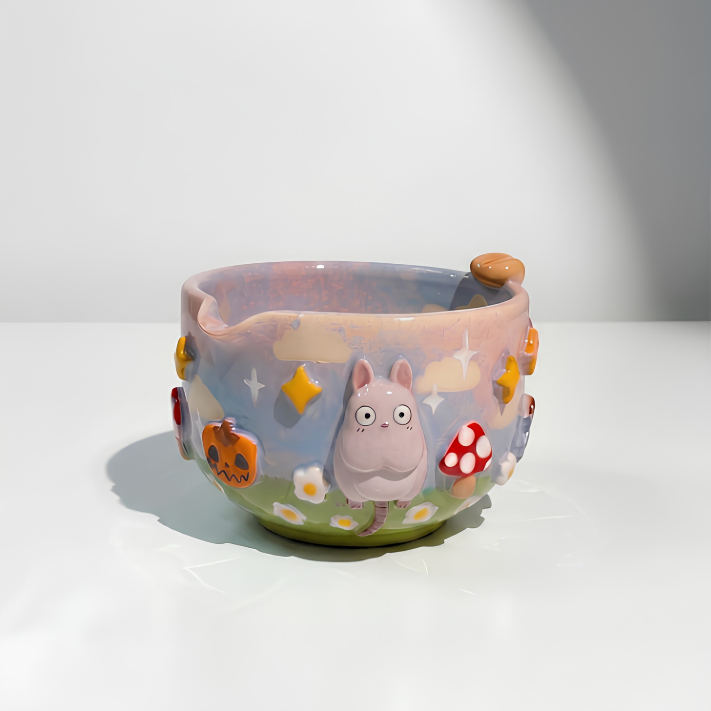 Spirited Away Boh Mouse & Soot Sprite 3D Handcrafted Ceramic Matcha Bowl and Whisk Holder Set • HX29