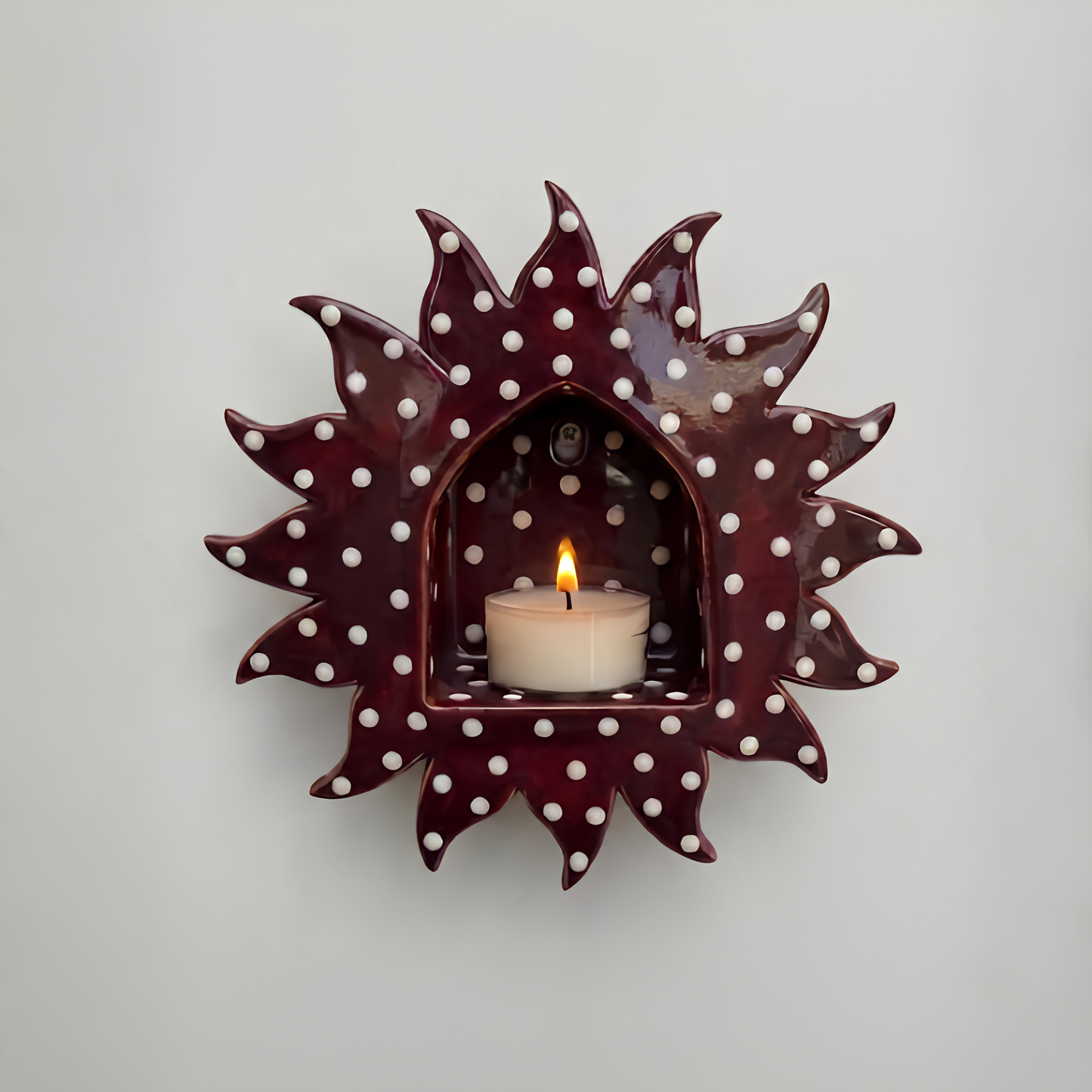 Handcrafted Burgundy Polka Dot Sun Ceramic Wall Candle Sconce • HX37