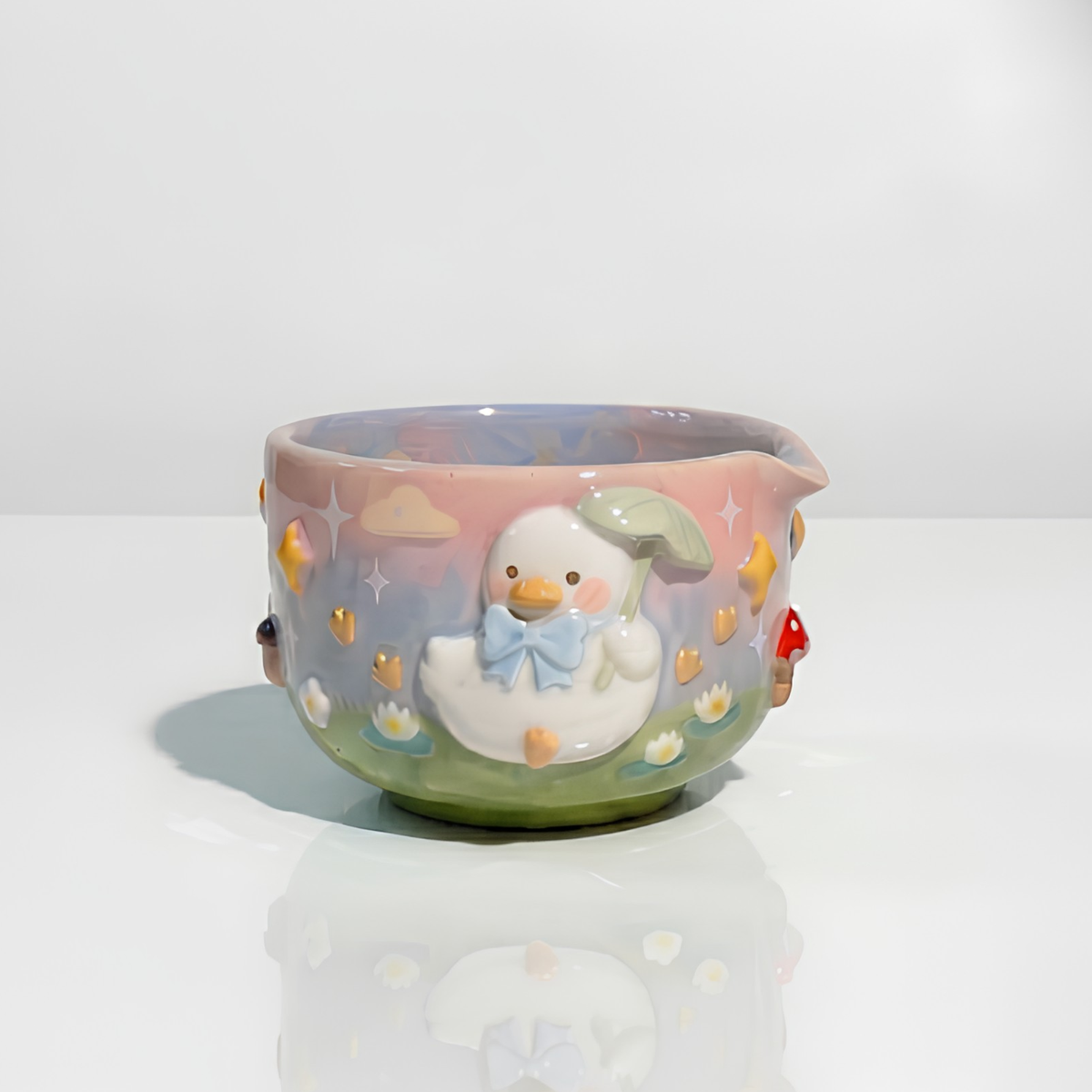 Cute Duck with Blue Bow 3D Ceramic Matcha Set, Handbuilt Duckling Matchawan and Whisk Holder • HX22