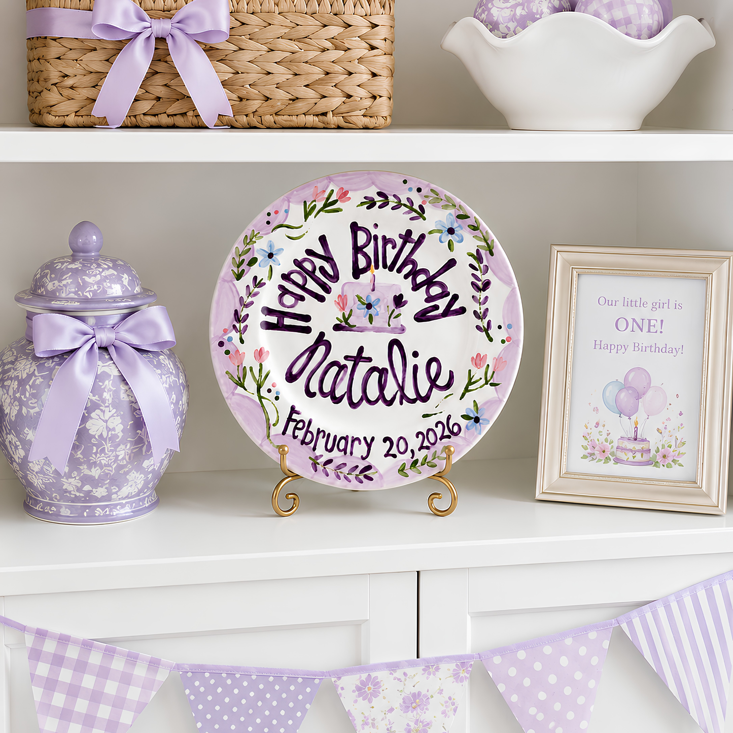 Custom Hand-Painted Birthday Plate Lavender Border Wildflowers, Heirloom Ceramic | BHL001