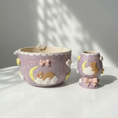 Lavender Dream Teddy Bear & Crescent Moon 3D Handcrafted Ceramic Matcha Bowl and Whisk Holder Set • HX27