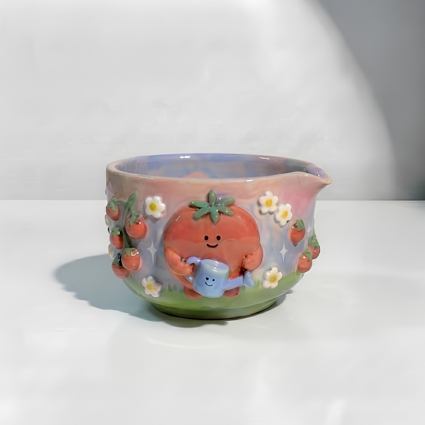 Handmade Cute Tomato Ceramic Matcha Bowl Set | Kawaii Spouted Chawan & Whisk Holder • HX54