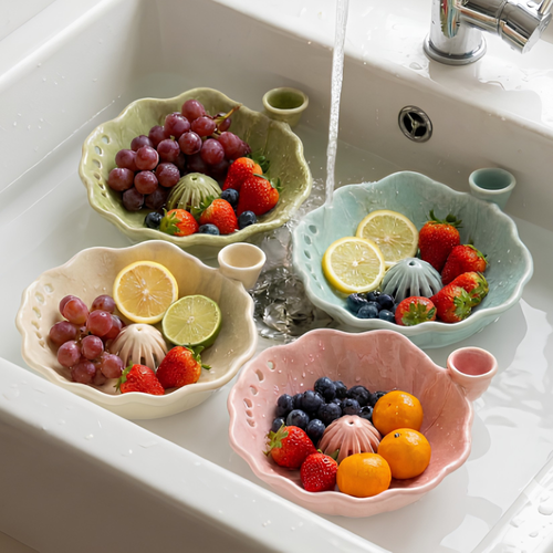 Handcrafted Ceramic Berry Colander with Water Spout, Self Draining Fruit Washing Bowl, Pottery Strainer Bowl • HX52