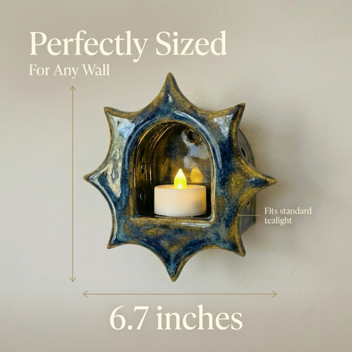 Sunburst Ceramic Wall Sconce – Blue Drip Glaze Candle Holder – Celestial Boho Home Decor| LA111