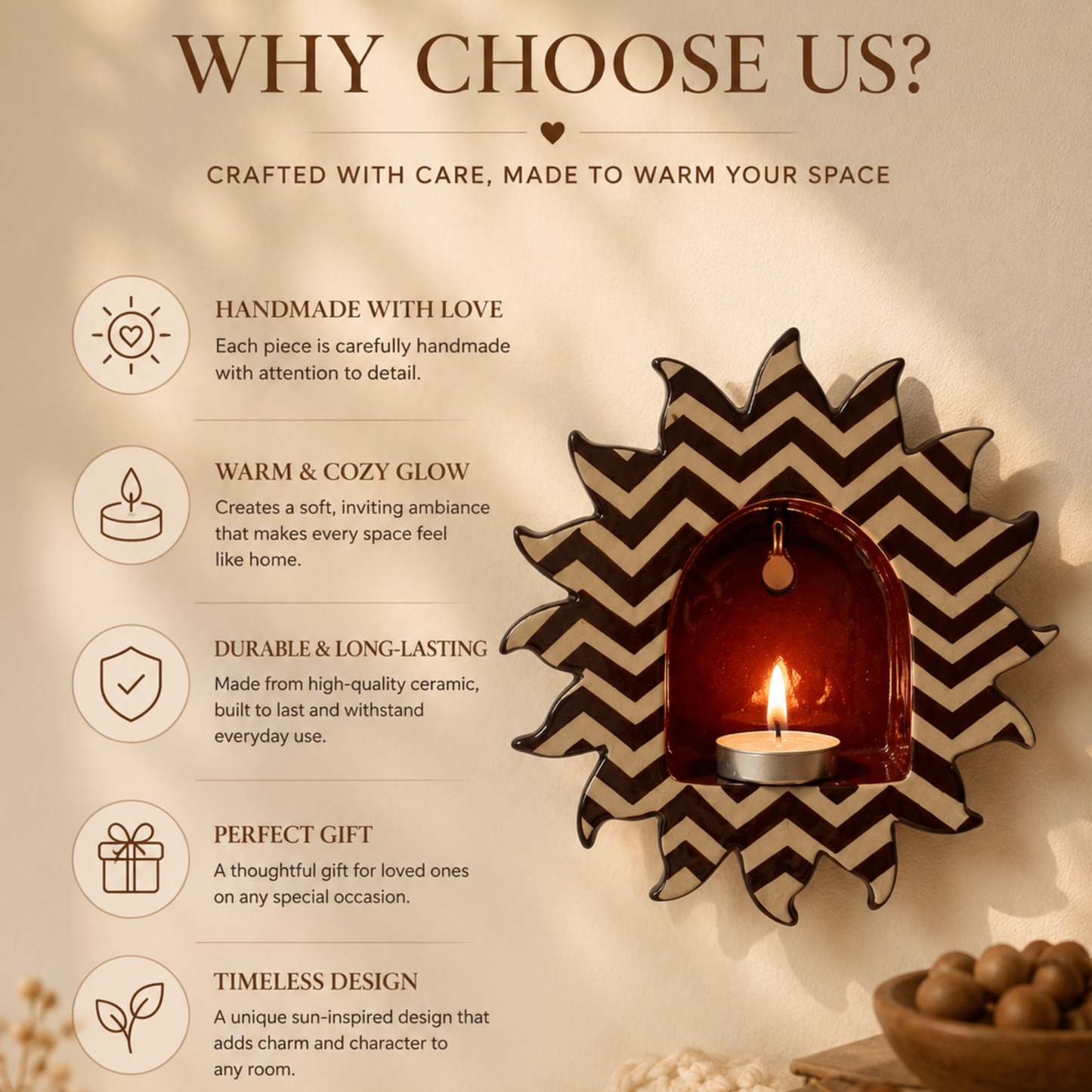 Sunburst Chevron Pattern Tealight Holder – Handcrafted Ceramic Wall Candle Sconce – Whimsical Bohemian Wall Decor • HX31