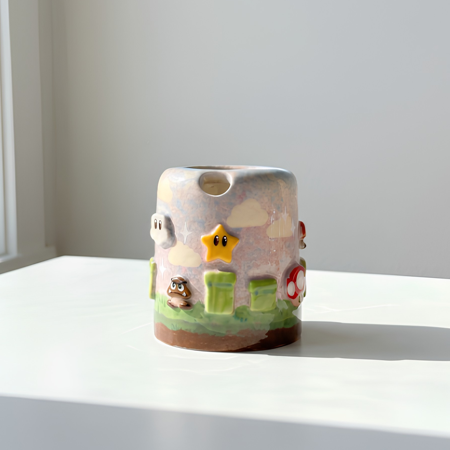 Handcrafted Mario World 3D Ceramic Matcha Bowl, Travel Mug & Super Mushroom Whisk Holder Set • HX20