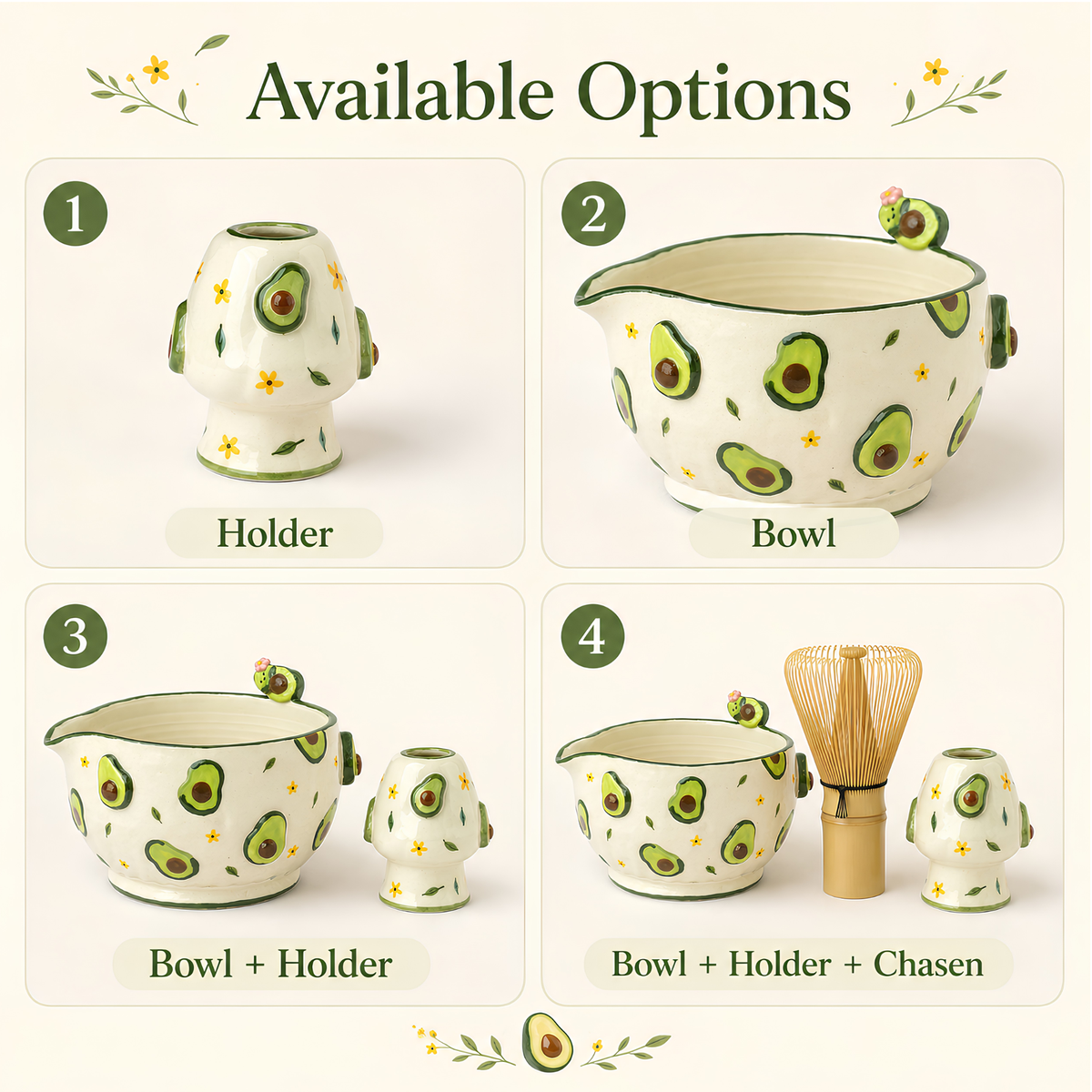 Cute Avocado Floral Ceramic Matcha Set – Handcrafted Spouted Bowl with 3D Avocado Figurine & Whisk Holder • HX59