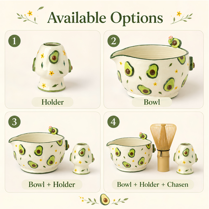 Cute Avocado Floral Ceramic Matcha Set – Handcrafted Spouted Bowl with 3D Avocado Figurine & Whisk Holder • HX59