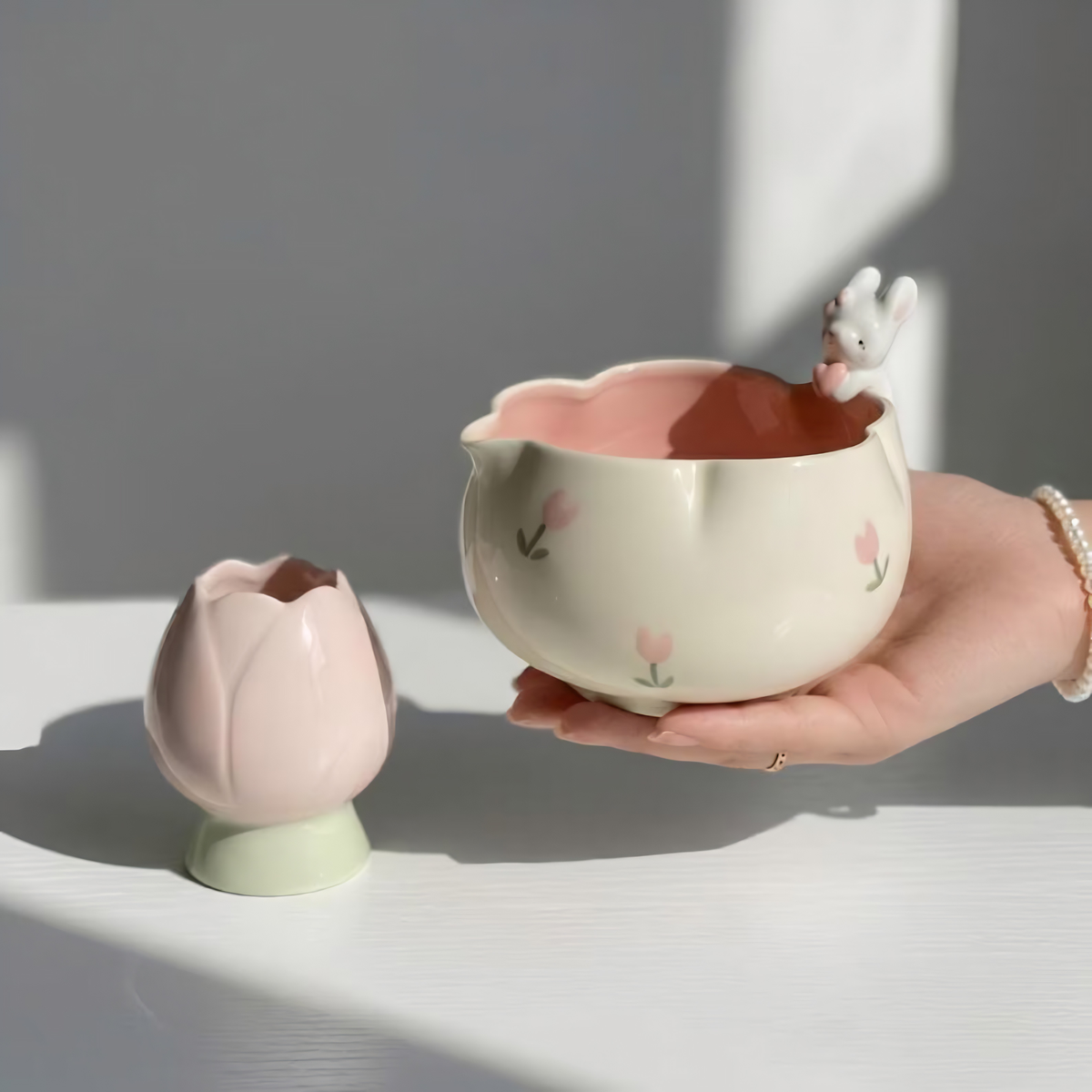 Handmade Bunny Matcha Tea Set - Cute Rabbit Chawan, Ceramic Matcha Bowl with Tulip Whisk Holder, Kawaii Tea Lover Gift | LA043