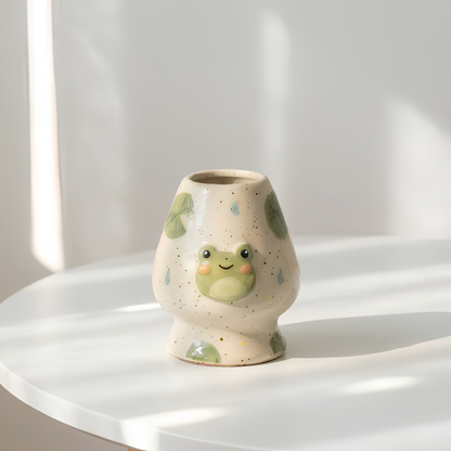 Handmade Cute Frog Ceramic Matcha Bowl Set | Kawaii Lily Pad Spouted Chawan & Whisk Holder • HX55