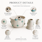 Handcrafted Sweet Cat & Tiny Cake 3D Ceramic Matcha Bowl and Whisk Holder Set – Pastel Mint Star Edition • HX13