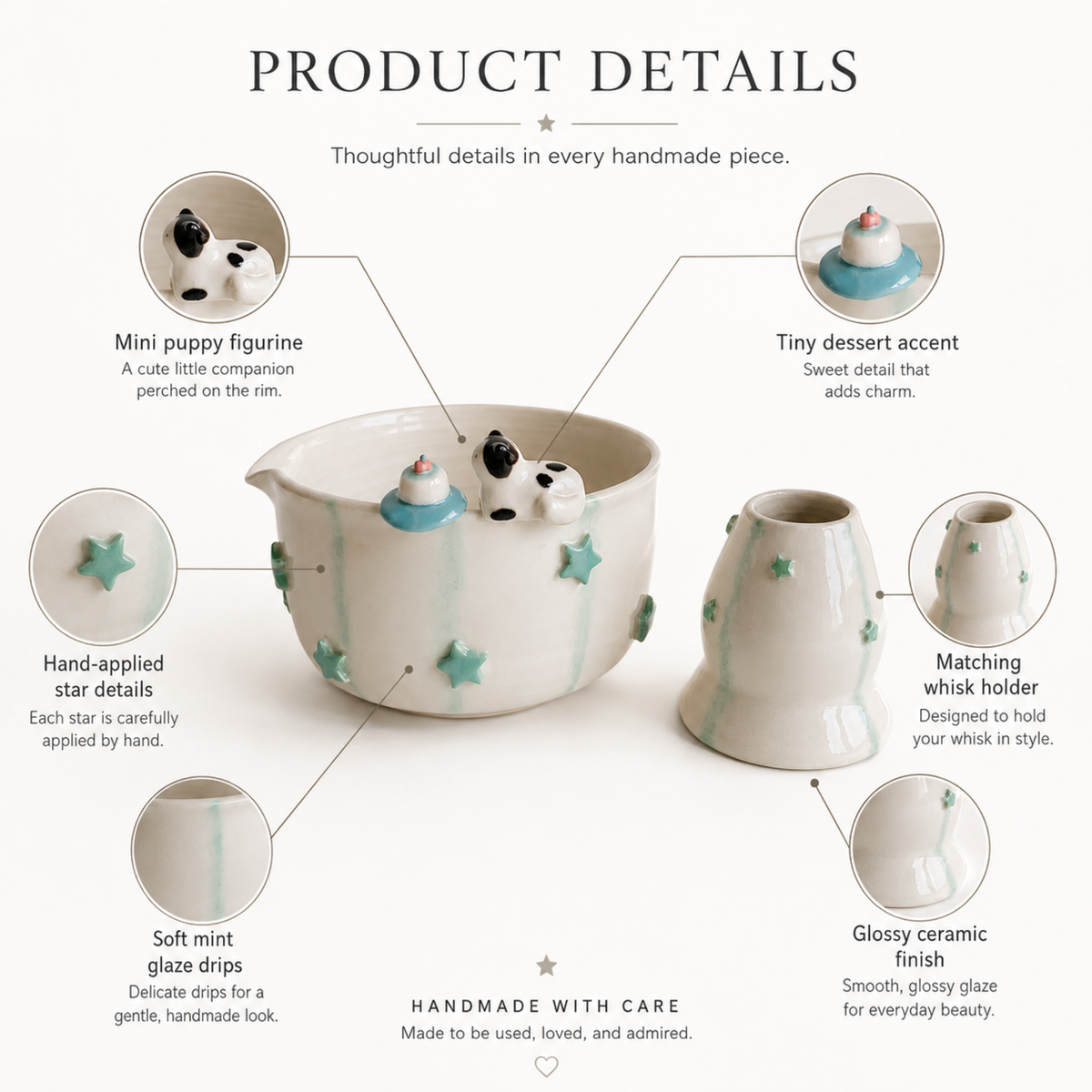 Handcrafted Sweet Cat & Tiny Cake 3D Ceramic Matcha Bowl and Whisk Holder Set – Pastel Mint Star Edition • HX13