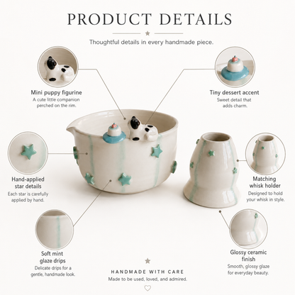 Handcrafted Sweet Cat & Tiny Cake 3D Ceramic Matcha Bowl and Whisk Holder Set – Pastel Mint Star Edition • HX13