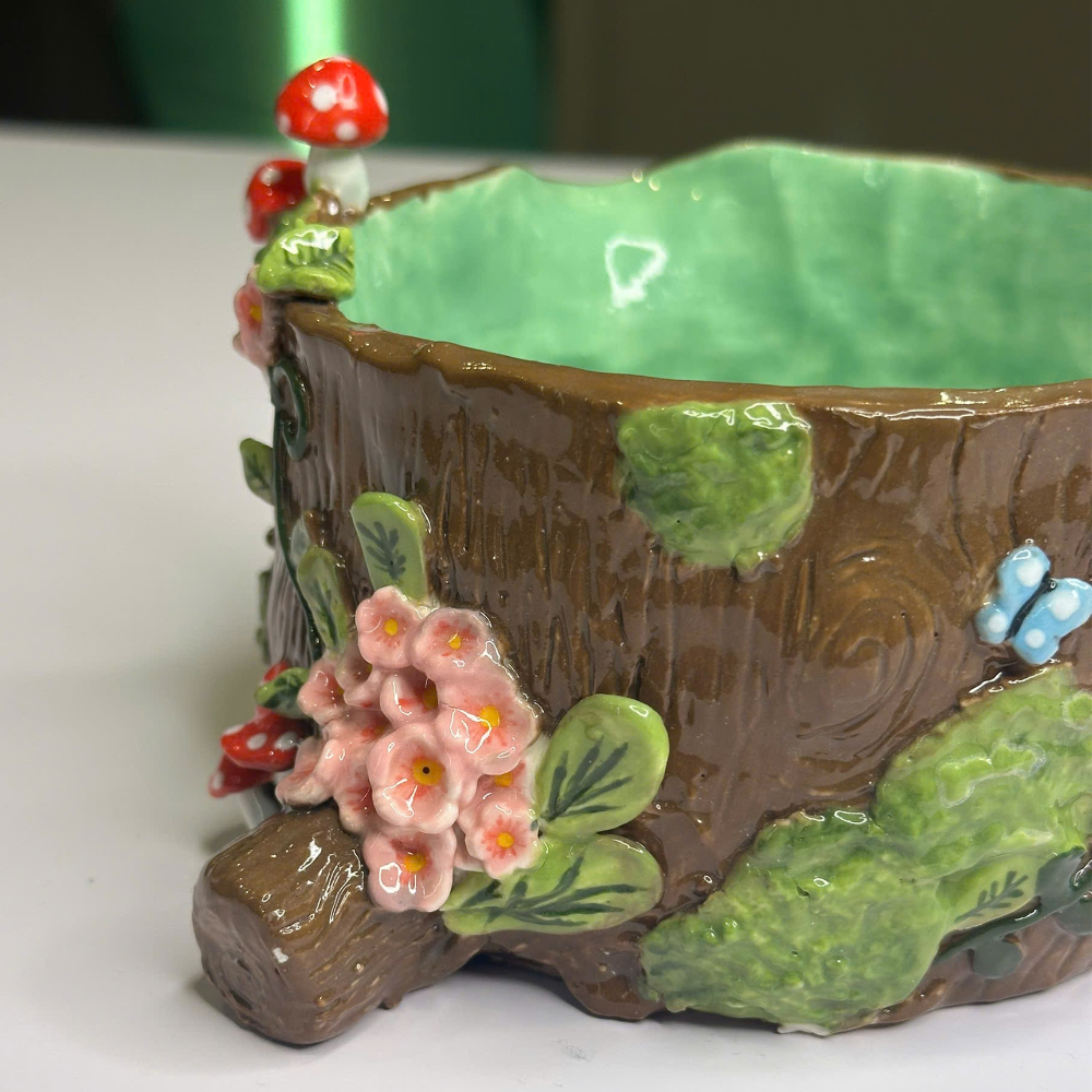 Handmade Ancient Tree Stump Ceramic Matcha Set • Forest Mushroom Chawan Bowl & Whisk Holder • HX52