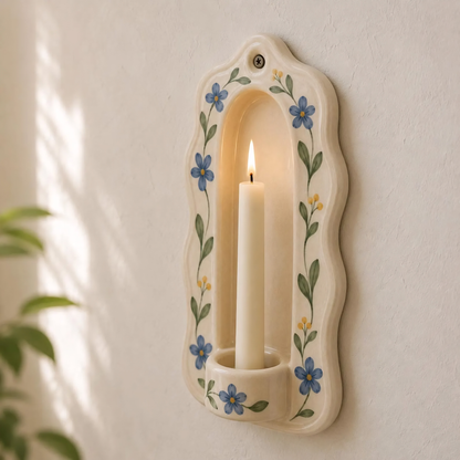 Ceramic Wall Candle Holder, Hand Painted Blue Floral Sconce, Vintage Cottagecore Taper Candle Decor, Farmhouse Wall Accent | LA140