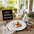 Custom Name Birthday Plate – Light Blue Stripe Rim with Birthday Candles | BGI004
