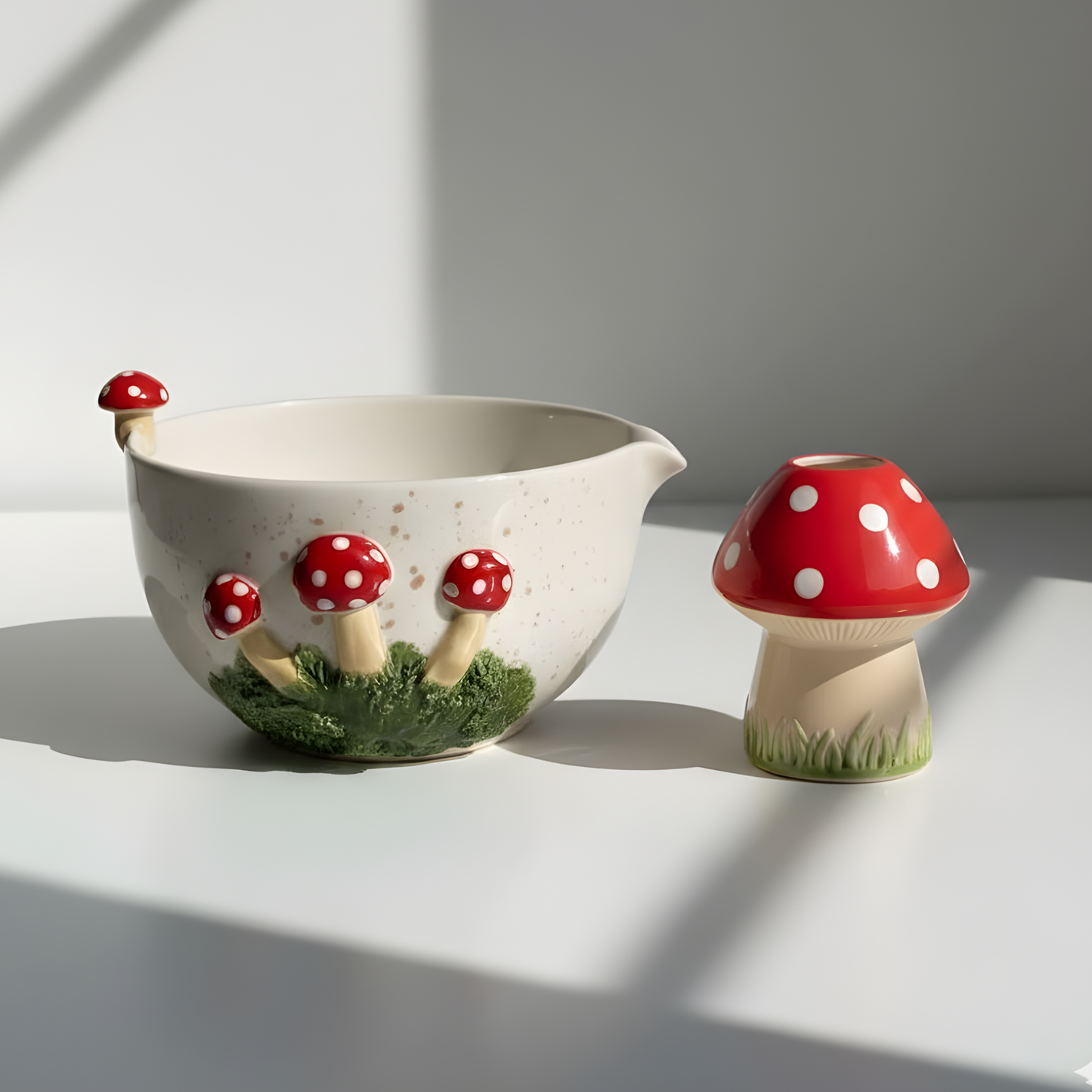 Handcrafted Mushroom Garden Ceramic Matcha Bowl and Whisk Holder Set • HX42