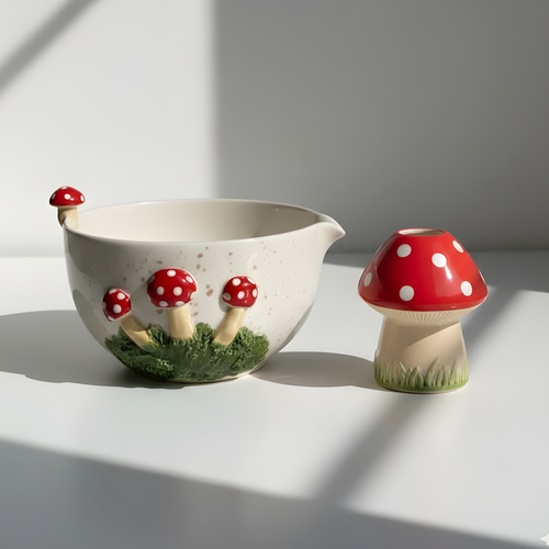 Handcrafted Mushroom Garden Ceramic Matcha Bowl and Whisk Holder Set • HX42
